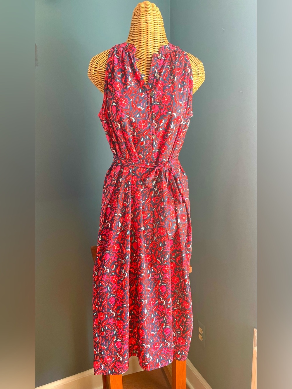 Ann Taylor Factory Sleeveless Midi Dress Red Blue Floral Matching Tie Belt Small
